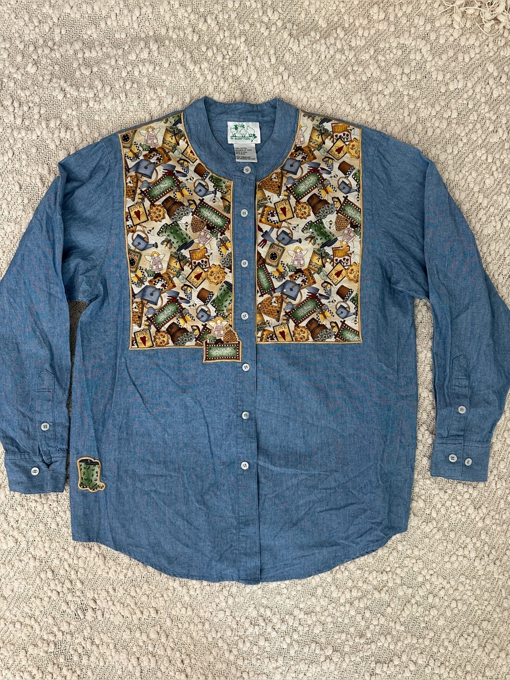 VTG Quacker Factory Women Medium Garden Applique Denim Shirt Long Sleeve Button